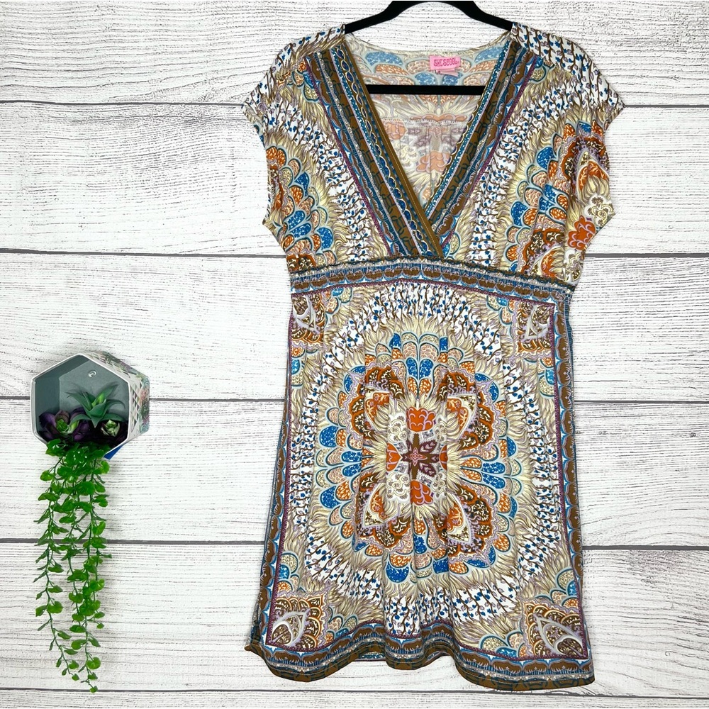 She’s Cool Colorful BohemianV-Neck Mini Sun Dress Swim Cover Up Size Large